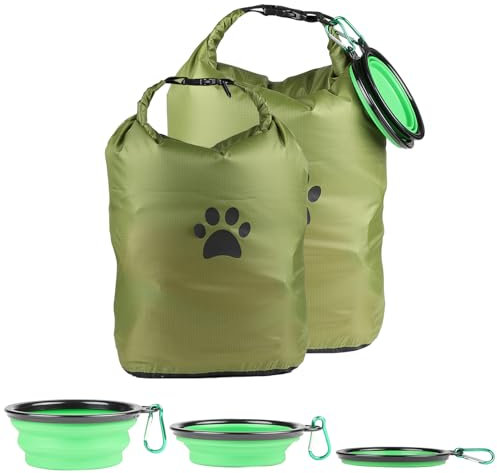 Pet Food Storage Bags (2 Pack),Dog Food Travel Container,Portable Dog Food Carrier,with 2PCS Collapsible Dog Travel Bowls,for Container Bag for Camping & Dog Boarding - Keeps Food Fresh(Army green)
