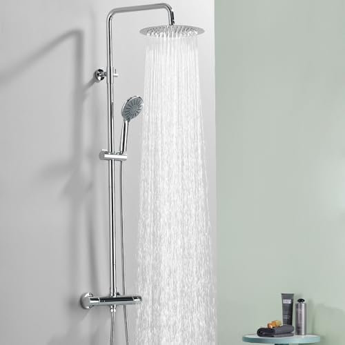 Kelleria Colonne de Douche Thermostatique chromé, Verrouillage Sécurité à 38°C, Mitigeur Douche, Ensemble Complet avec Pomme de Douche en Acier Inoxydable, Douchette à Main, Barre de Douche Réglable