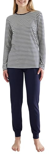 Götzburg Damen Schlafanzug Langarm - 100% Baumwolle, Winter Pyjama Set, Gestreift, Pyjamahose mit Bündchen