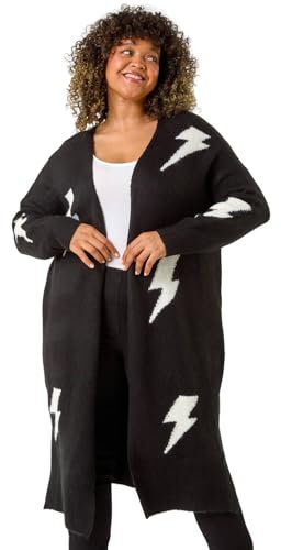 Roman Curve Printed Longline Cardigan for Women UK - Ladies Everyday Autumn Winter Comfy Soft Evening Vacation Work Party Night Out - Black Plus - Size 20
