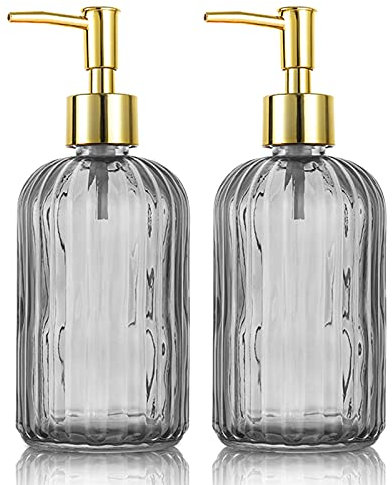 KOOSREEL 2 Pack Versatile Glass Soap, 17 Oz Dripless Pump Bottle, Refillable Liquid Hand Jar Dispenser for Bathroom, Countertop, Kitchen, Laundry Room-Grey, 17OZ