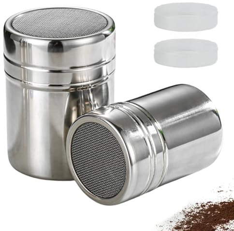 2 Stück Kakaostreuer für Cappuccino,Puderzuckerstreuer,Mehlstreuer mit Deckel,Edelstahl Zimt Kakao Streuer,Puderzucker Streuer,Zimtstreuer,Pulverstreuer,Schokolade Shaker für Mehl,Kaffee,Salz Sieb