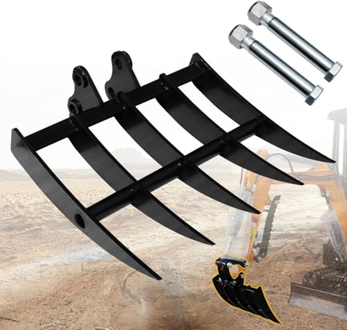 DANWIWEE Rastrello 5 denti per mini pala 0,8-1,8 t, 2 assi Ø25 mm | Acciaio manganese antiusura, fissaggio 90 mm, interasse 88 mm, montaggio senza attrezzi speciali per rami macerie ghiaia