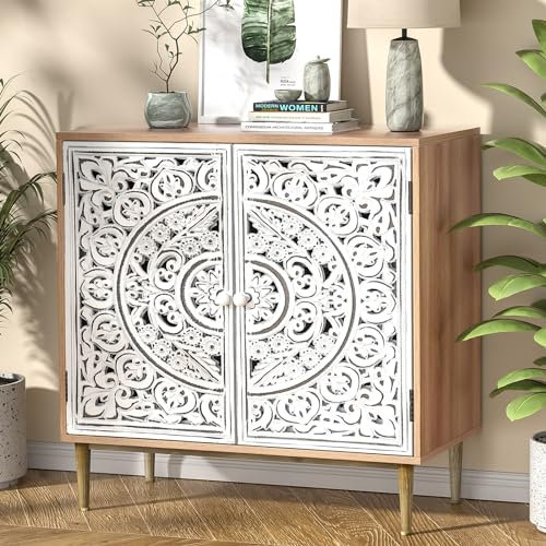 Yvsevnr Aparador Madera, Tallado Aparador de Cocina con 2 Puertas, Patas de Madera Maciza, Estantes Ajustables, Estilo Campestre, Mueble Almacenaje Auxiliar para Comedor Salón