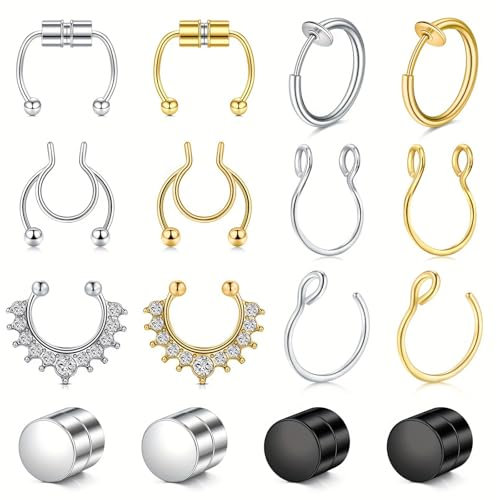 JENCVNL 16 Pièces Acier Anneau de Nez Faux Piercing Nez Argenté/Noir/Doré Percé Anneau de Nez Bijoux Acier Piercing Septum Boucle d'Oreille Aimantée Femme Homme (argenté+doré)
