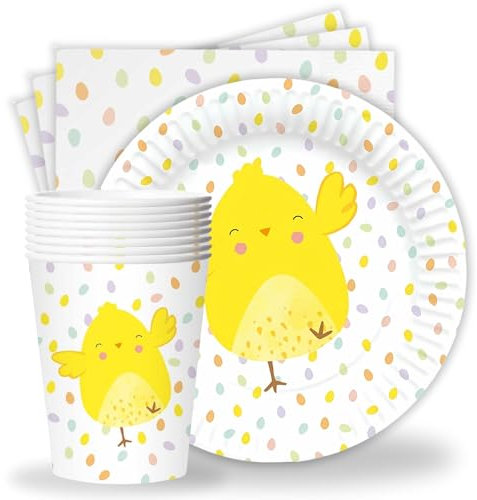 AKH® Easter Party Tableware Set | 32 Pcs Tableware Set | 8 Bunny Paper Plates, 8 Paper Cups, 16 Napkins | Easter Party Table Set for Kids Adults | Disposable Tableware Supplies