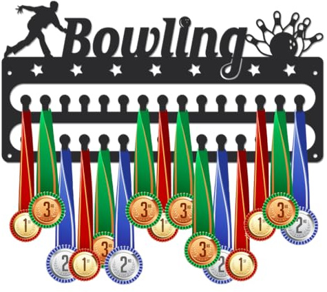 SUPERDANT Bowling Medal Hangers Bowling Medal Holder Personalised Medals Rack Wall Mount Medals Hanging 2 Rows with 30 Hooks Matte Black Metal Awards Display Rack Sports Gift