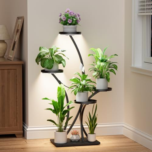 BACEKOLL Plant Stand Indoor with Grow Lights - Plant Shelf Tree-Shaped, Lighted Corner Plant Stands for Indoor Growing, 5 Tiered Metal Flower Holder, Decorative Shelves for Home Hallway Black (Right)