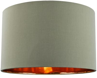 Contemporary and Chic Olive Green Cotton 14 Table, Floor or Pendant Circular Drum Lamp Shade with Shiny Copper Inner by Happy Homewares