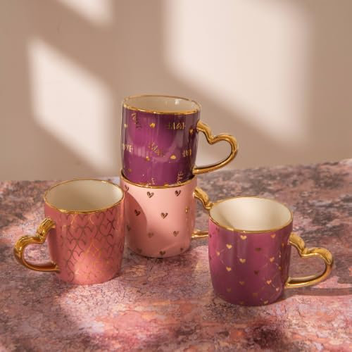 Luxury Heart Handle Ceramic Mug 350ml Elegant Gold Trim Coffee & Tea Cup with Romantic Glossy Gift Mug for Valentine’s Day, Wedding or Anniversary Assorted Designs (Magneta)