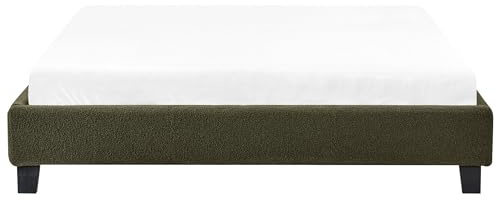 Beliani Minimalistic Modern Fabric Upholstery EU Double Bed Frame 4ft6 Boucle Dark Green Roanne