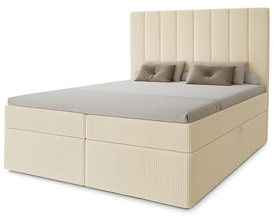 Boxspringbett Nero MIL mit 2 Bettkästen, 140x200, Farbe: Hellbraun, Cordstoff, Doppelbett mit Bonell-Matratze inkl. Topper