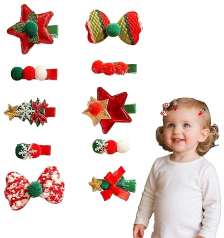 DHWEKU 10er-Set Weihnachten Haarschmuck für Kinder, Haarspangen Mädchen mit Glitzer (Schleifen + Sterne), Festliche Haarclips für Adventskalender, Weihnachtsfeier & Fotoshooting