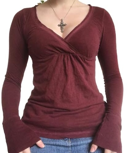 Women Lace Trim Long Sleeve Shirt Fairy Grunge Fitted Crop Top Y2K Low Cut Going Out Tops Vintage Coquette Shirt