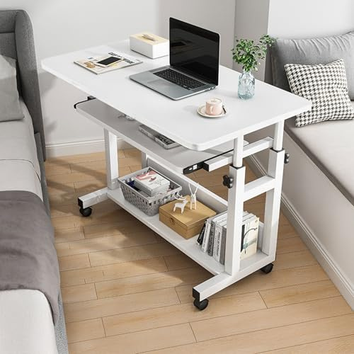 BTGGG Mobile Computer Desk 69-89cm Height Adjustable, Laptop Table with Wheels for Sofa/Workstation with Sliding Keyboard Shelf, Work Desk for Home Office, Gaming, Studying & Eating, 80x45cm, White