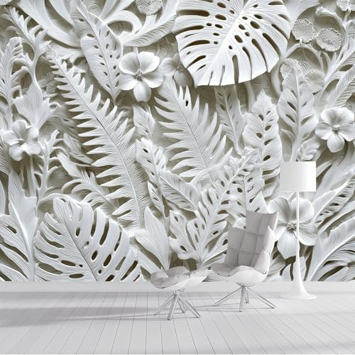 DLERFLOVR Carta da Parati in Seta Fiore Di Ibisco Monstera 3D Carta da Parete Rilievo In Gesso Fotomurali Decorazione da Muro per Soggiorno Camera Ristorante Camera dei Bambini, 150x105cm, Bianco