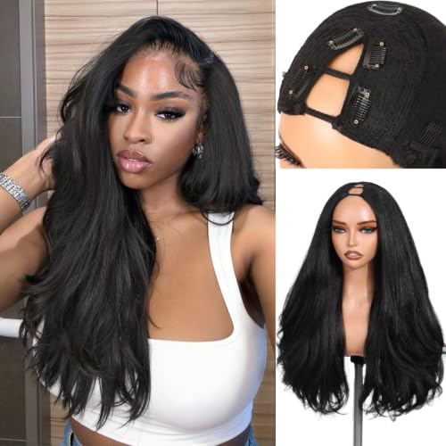 FAVE Perruque V Part Yaki Couche 65cm Synthétique Pour Femmes Noires | Perruque sans colle 65cm fibre thermorésistante, remplacement capillaire synthétique prêt à porter, noir naturel