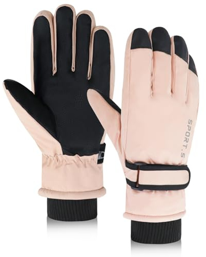 Feelorna Gants de ski pour femme, gants chauds et imperméables pour écran tactile, antidérapants, gants d'hiver pour femme, gants de snowboard pour le ski, la randonnée (rose et noir, taille unique)