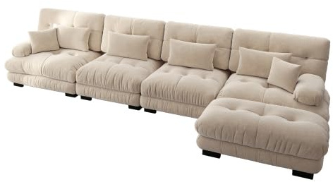 vutizal Modulares Ecksofa 4-Sitzer L-Form Cloud Sofa mit Ottoman in Hellbraun, Großzügige Chenille Wohnlandschaft, Bequem & Praktisch