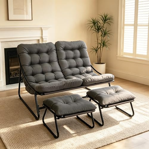 YUODIJIO Sonnenliege 2 Personen mit Fußhocker, Doppelliege Outdoor mit 7cm Auflage Abnehmbar, Loungesessel Balkon Bis 250 kg, Gartenliegen Wetterfest für Garten,Terrasse (Grau mit hocker)