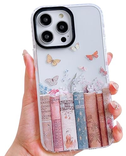 ECZOIL for iPhone 14 Pro Max Case, Vintage Library Books Wildflower Butterfly Clear Phone Cover for Women, Aesthetic Shockproof Slim Shockproof TPU Bumper Case-Vintage