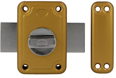 Amig - Cerradura de Sobreponer con Palanca de Cierre y Muletilla Interior para Puertas de Madera Mod. 80-96 x 66 mm - Pestillo Con Cilindro Redondo de Seguridad - Acero Esmaltado Oro