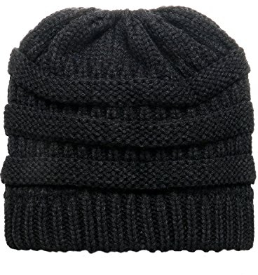 JewelryWe Strickmütze Winter Mütze Damen Pferdeschwanz Wintermütze Strick Frauen Warme Gestrickt Beanie Mütze Hut mit Zöpfen Loch Schwarz