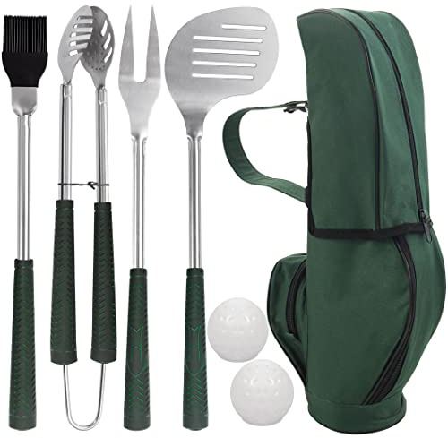 POLIGO 7pcs Golf Club Style BBQ Grill Tool Set mit Gummigriff Edelstahl BBQ Zubehör in Golf-Club Stil Tasche Komplettes Barbecue Grillbesteck Set Geburtstagsgeschenk für Männer