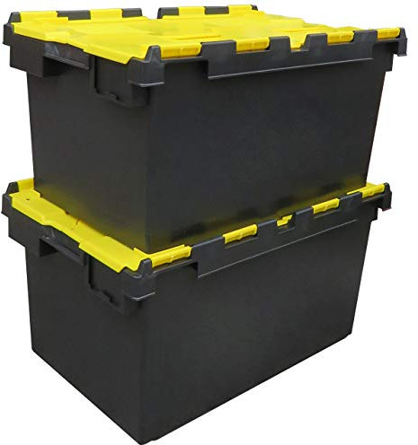 Pack of 2 - Large Plastic 80 Litre Heavy Duty Storage Boxes (71 x 46 x 36.8cm) Plastor Black and Yellow LC3 Crates with Attached Hinged Lids