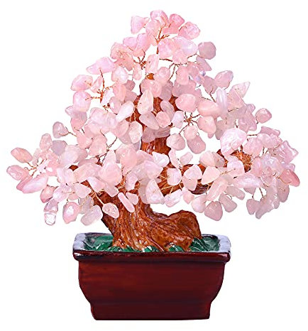 Jovivi Natürlicher rosa Rosenquarz Kristall Edelstein Geld Baum Harz Basis Bonsai Stil Feng Shui Home Office Tischdekorationen für Reichtum und Glück 6,5 Zoll