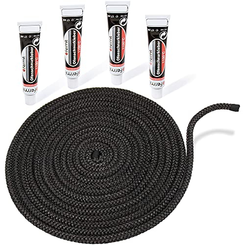 LANZZAS Kamin- & Ofendichtschnur - Ø 8 mm, Länge: 5 m - Glasband für Kamintüren - hitzebeständig bis 550°C - mit feuerfestem Montagekleber
