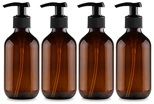ZEOABSY 4 Stück 300 ml 10oz Leere Braun PET-Kunststoff Flasche mit schwarzen Lotion-Pumpen für Cremigen Substanzen Lotionen Gele Lotion-Spender Seifenspender Lotionspender Badzubehör