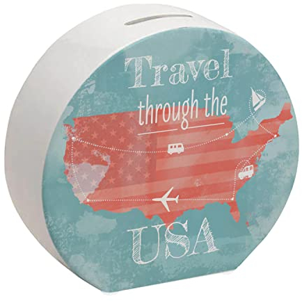 Spardose mit USA Karte und Spruch - travel Through USA als Geschenk für Urlauber die durch USA Reisen wollen und Geld für den Flug und die Unterkunft brauchen