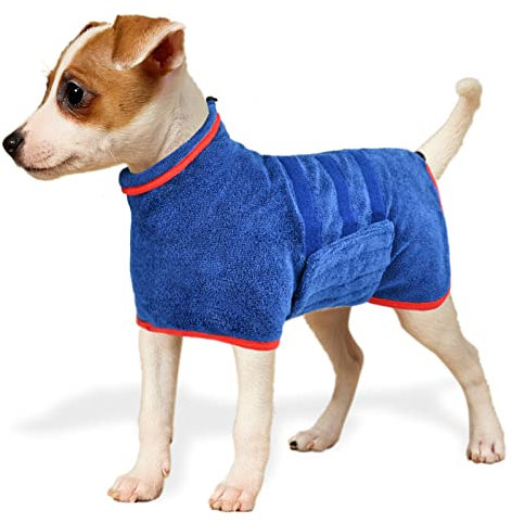 KATELUO Mikrofaser Hundebademantel mit Klettverschluss, Schnell Trocknend Hunde Bademantel, für Katzen und Kleine bis Mittelgroße Hunde, Verwendet nach dem Baden, Schwimmen, Regen. (Blau - S)