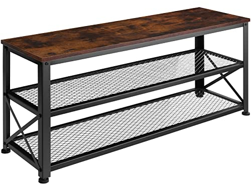 tectake Schuhregal schmal mit Sitzfläche, Schuhbank aus Holz Metall, Industrie-Design, 3 Ebenen mit 2 Gitterablagen, 101 x 30,5 x 45,5 cm, schwarzes Metallgestell (Industrial Dunkelbraun)