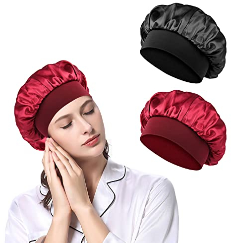 URAQT Schlafmütze Satin Bonnet, 2 Stück Atmungsaktive Schlafkappe Nachtmütze, Verstellbare Sleep Cap für Locken, Weiche Kopfhaube Schlafhaube Seide mit Gummizug für Damen Mädchen Schlafen