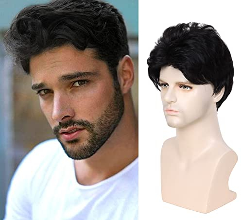 Becus Men's Short Wigs for Men, Black Wig with Side Buckles, Layered Synthetic Hair for Halloween, Cosplay, Anime, Party, Male Wigs