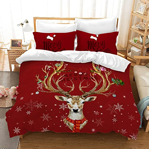 AVJWWD Weihnachten Bettwäsche Set Weihnachtsmann und Elch Schneemann Rentier Muster Bettbezug Set mit Kissenbezügen, Weihnachtsdekoration, Geschenk-Set (roter Elch, 135 x 200 cm)