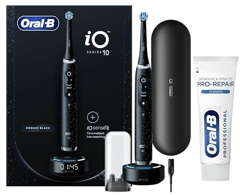 Oral-B Spazzolino Elettrico Ricaricabile iO 10 Nero, 1 Testina, 1 Custodia Da Viaggio ricaricabile, 1 Caricatore iO Sense + 1 Dentifricio Gengive & Smalto Pro-Repair Classico 75ml
