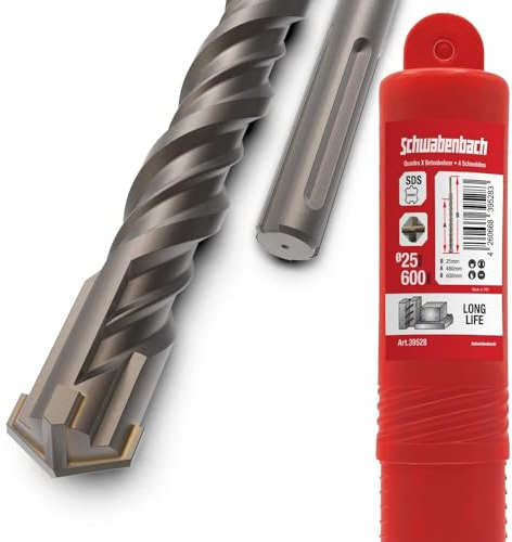 SCHWABENBACH ® SDS Max Broca para hormigón, perforación precisa y rápida, punta de carburo de tungsteno, broca larga para piedra. No se engancha en las barras de refuerzo, 25 x 480 x 600 mm