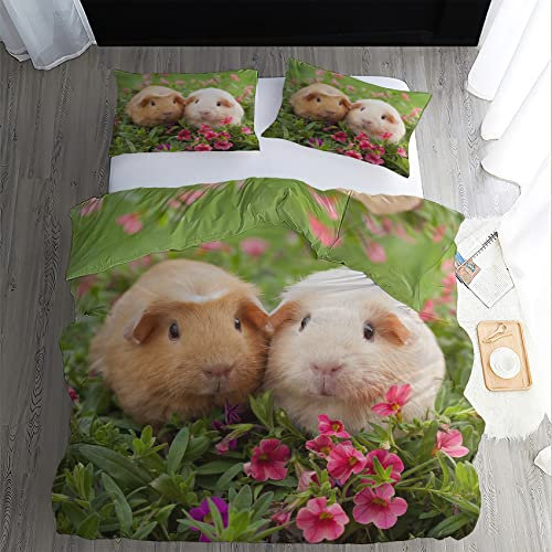 WQIZXCW Meerschweinchen Bettwäsche 155x220, Cute Tiermotiv Microfaser Bettbezug Set 2 Teilig - Weich & Angenehm & Atmungsaktiv, 1 Bettbezüge mit Reißverschluss + 1 Kissenbezug 80x80 cm