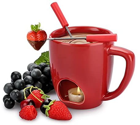 TOLIDA Keramik-Schokofondue-Becher-Set Schokofondue Tasse Käsefonduetopf | Schokoladenschmelz Becher Rot mit Doppelter Öffnung mit 2 Gabeln Mini Hitzebeständigbrenner für Süßigkeiten Butter Käse
