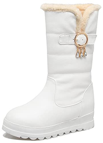 Stivali da Donna a Metà Polpaccio con Tacco Medio, Stivali Invernali Zeppa Senza Chiusura Punta Rotonda Boots Casuale con Plateau Pelle, 25847Rtx Bianco Numero 35 EU