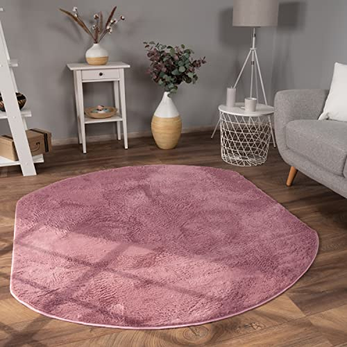 Paco Home Teppich Wohnzimmer Schlafzimmer Kunstfell Shaggy Hochflor Waschbar In Waschmaschine Flauschig Soft Einfarbig Rosa Mauve, Grösse:180x200 cm Oval