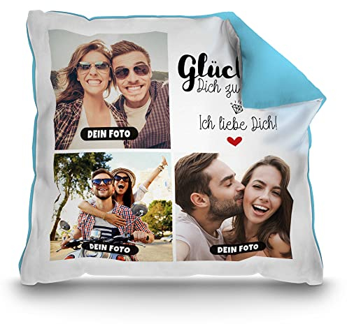 PR Print Royal Kissen mit Füllung - Fotocollage selbst gestalten mit Spruch - Glück ist - mit DREI eigenen Fotos - Geschenkidee Fotokissen | Farbkissen Rückseite Hellblau, 40 x 40 cm