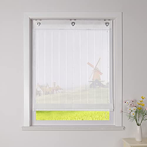 CORLIF Raffrollo Gestreifte Raffgardinen mit Streifen mit Baumwollgarn-Optik Gardinen Landhaus Ösenrollo Küche Transparente Rollos Modern für Fenster ohne Bohren mit Ösen Weiß BxH 100x140 cm 1 Stück