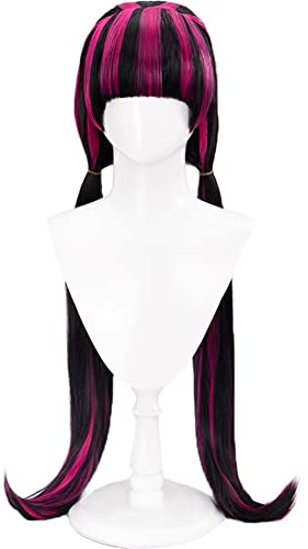 Xingbiyou Anime Monster High Draculaura Ula Cosplay Perücke,Lang Schwarz Gemischt Rosa,Halloween Party Perücken für Frauen Mädchen
