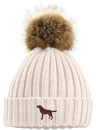 The House Of Dog: Beanie-Mütze für Besitzer von Labrador Retriever, Schokoladenbraun, Kunstpelz, Grobstrick, super weich, Unisex, bestickt, hellbeige, One size