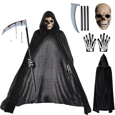 BARVERE Sensenmann Kostüm, Totenkopf Maske Set mit Sensemann Umhang, Halloween Sense und Handschuhe, Halloween Kostüm Unisex für Cosplay Halloween Party Totenkopf Kopfbedeckung