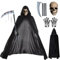BARVERE Sensenmann Kostüm, Totenkopf Maske Set mit Sensemann Umhang, Halloween Sense und Handschuhe, Halloween Kostüm Unisex für Cosplay Halloween Party Totenkopf Kopfbedeckung